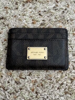 Michael Kors Brown Textured Leather Card Holder with Gold Plate